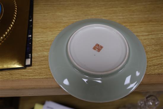 Three Chinese celadon plates, largest diameter 26cm